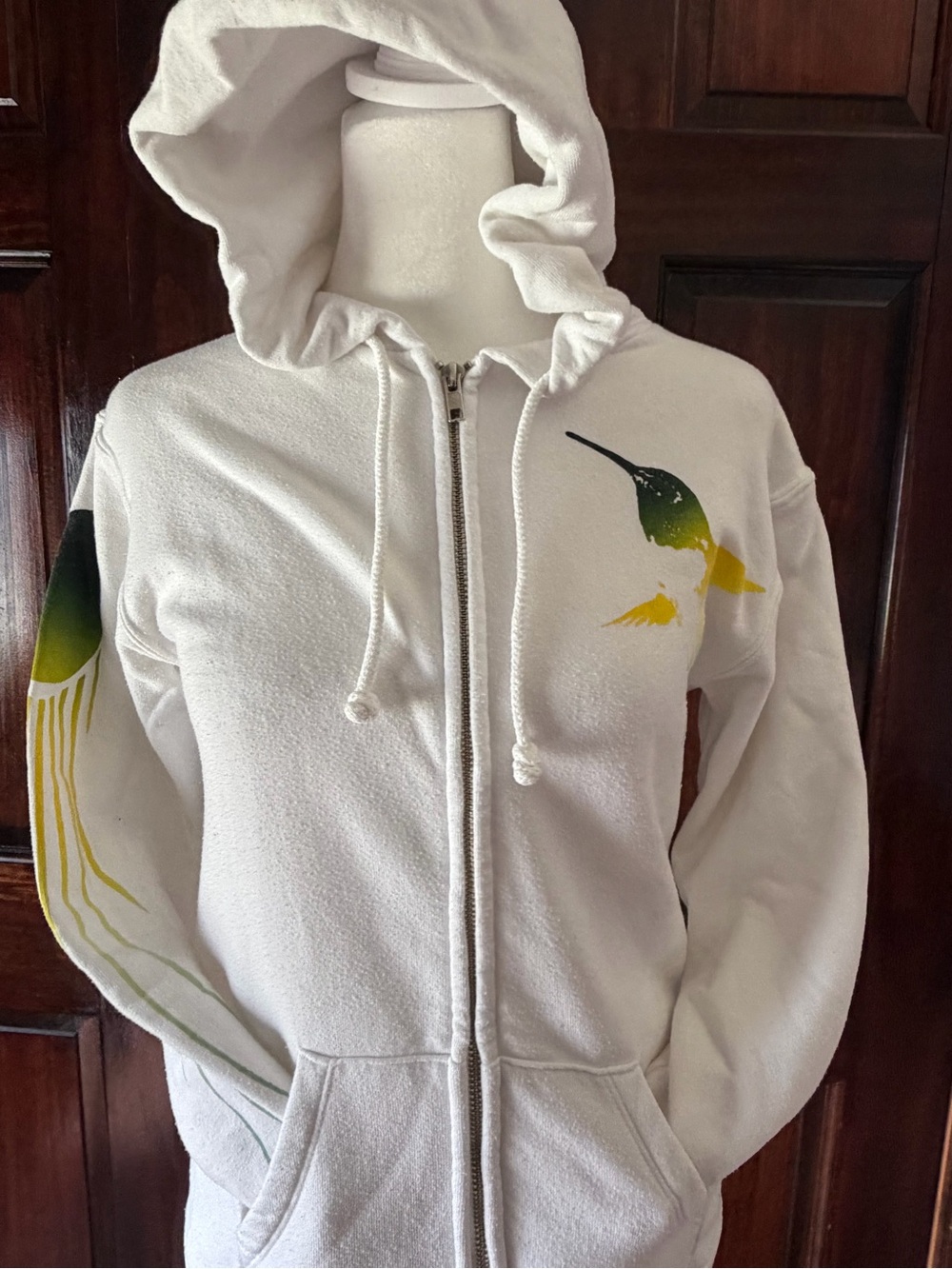 Free city White Zip-Up Hoodie with Green & Yellow Hummingbird Printing